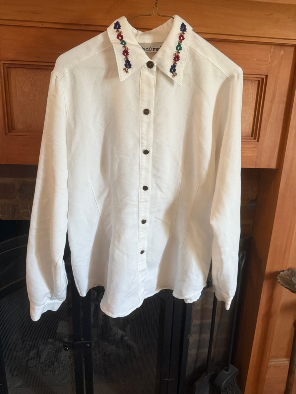 VTG 80s 90s That's Me! White Button-Up Shirt Floral Flower Embroidered Collar XL